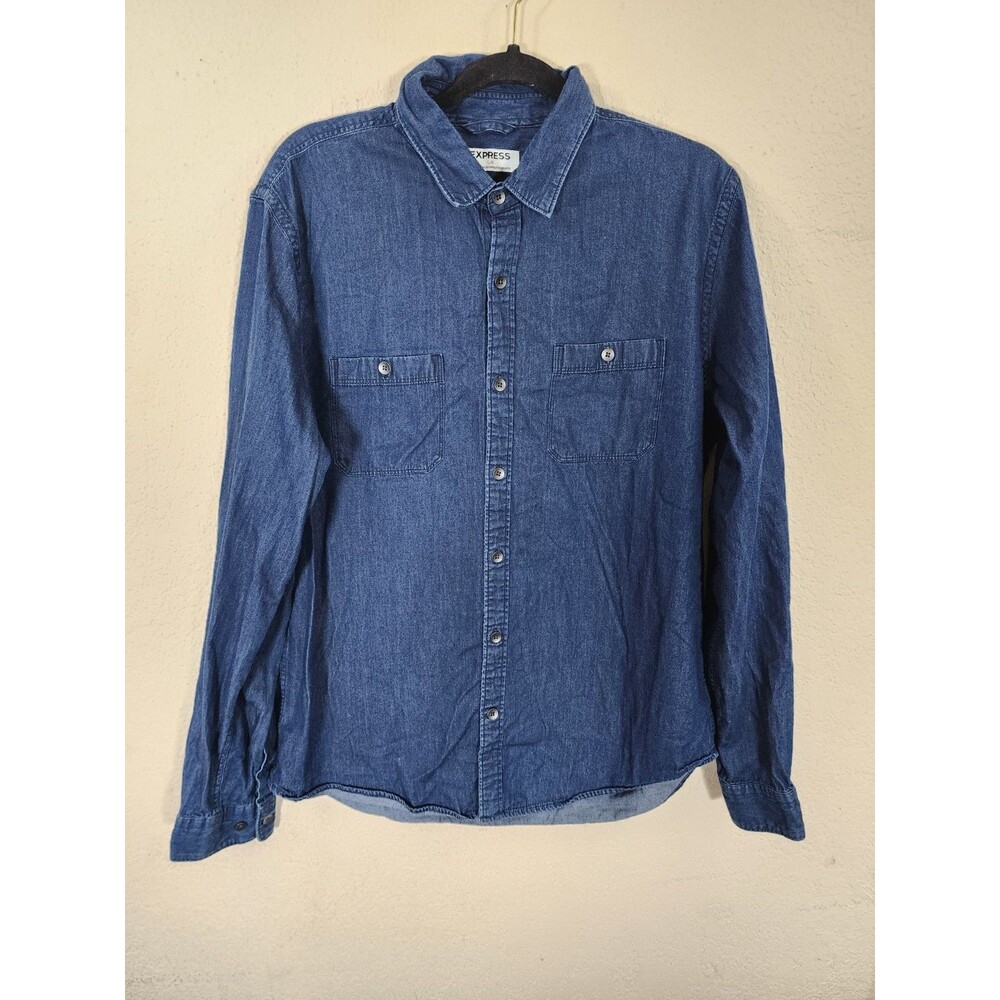 EXPRESS Mens L Blue Denim Chambray Shirt 100% Cotton Long Sleeve Button Up